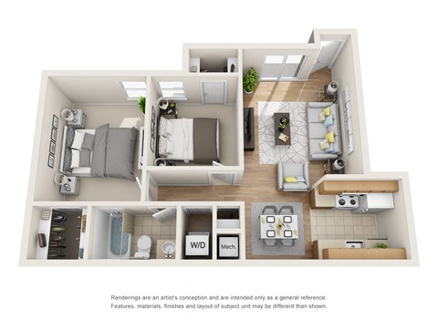 Floor plan for 2 beds, 1 bath, 727 sqft